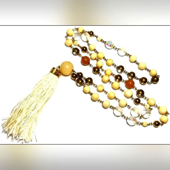 Necklace Gold Tone Chain Bead Tassel Cream Glass Matte Long 35" - Picture 1 of 1